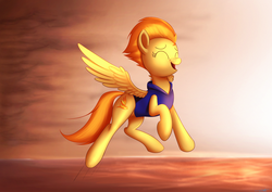 Size: 2829x2000 | Tagged: dead source, safe, artist:jeki, spitfire, pegasus, pony, g4, clothes, eyes closed, female, flying, high res, laughing, mare, solo, vest, water