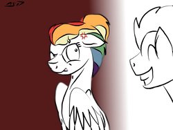 Size: 1024x768 | Tagged: safe, artist:neonspirit17, rainbow dash, soarin', pony, g4, alternate hairstyle, male, ship:soarindash, shipping, stare down, straight