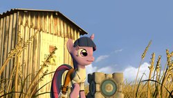 Size: 1024x576 | Tagged: safe, artist:vinuldash, twilight sparkle, pony, g4, 3d, clothes, companion cube, female, food, portal (valve), raised hoof, solo, wheat