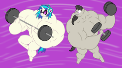 Size: 2050x1150 | Tagged: safe, artist:urkel, dj pon-3, octavia melody, vinyl scratch, earth pony, pony, unicorn, semi-anthro, g4, barbell, bipedal, female, fetish, headphones, mare, muscle fetish, muscles, octveinia, overdeveloped muscles, scene interpretation, vinyl smash, weight lifting, weights