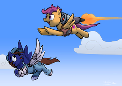 Size: 1280x905 | Tagged: safe, artist:shieltar, scootaloo, oc, cyborg, pegasus, pony, g4, amputee, augmented, cloud, eyepatch, flying, jetpack, male, overalls, prosthetic limb, prosthetic wing, prosthetics, rocket, scootaloo can fly, stallion, turbine