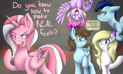 Size: 3000x1800 | Tagged: safe, artist:sketchthebluepegasus, oc, oc only, oc:ashley, oc:feather night, oc:feather paint, oc:lav, alicorn, earth pony, pegasus, pony, derp, female, heterochromia, lazytown, mare, upside down, we are number one