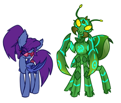 Size: 2664x2269 | Tagged: safe, artist:nekro-led, oc, oc only, oc:star gazer, oc:zawi, alien, bat pony, insect, original species, glasses, high res, ponytail, simple background, size difference, white background