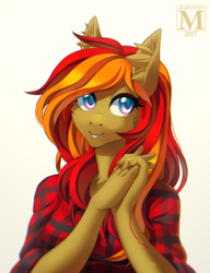 Size: 767x1000 | Tagged: safe, artist:margony, oc, oc only, anthro, clothes, ear fluff, plaid shirt, simple background, solo