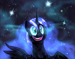Size: 1374x1080 | Tagged: safe, artist:not-ordinary-pony, nightmare moon, g4, curved horn, female, filly, happy, horn, nightmare woon, smiling, solo, space, stars