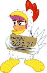 Size: 3000x4648 | Tagged: safe, artist:sollace, scootaloo, chicken, pegasus, pony, g4, 2017, angry, animal costume, chicken suit, clothes, costume, cute, cutealoo, female, grumpy, high res, looking away, new year, scootachicken, scootaloo is not amused, show accurate, sign, silly, silly pony, simple background, solo, transparent background, unamused, vector, year of the rooster