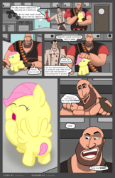 Size: 1600x2473 | Tagged: safe, artist:tricky-vic, fluttershy, comic:fortresshy, g4, crossover, heavy (tf2), medic, medic (tf2), team fortress 2