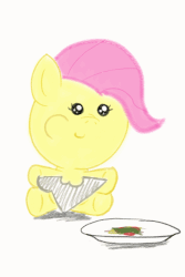 Size: 540x810 | Tagged: safe, artist:tricky-vic, fluttershy, pony, g4, animated, baby, baby pony, babyshy, crossover, female, gif, nom, sandvich, simple background, solo, team fortress 2, white background