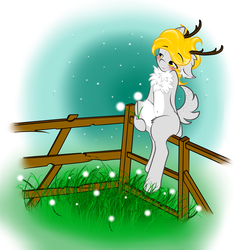 Size: 4000x4200 | Tagged: safe, artist:frowfrow, oc, oc only, oc:golden-maple, deer, pony, absurd resolution, belly button, bipedal, blushing, fence, sitting, solo