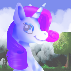 Size: 512x512 | Tagged: safe, artist:brainiac, applejack, rarity, pony, unicorn, g4, cute, female, grass, mare, mountain, pastel, solo focus, tree