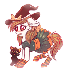 Size: 2354x2332 | Tagged: safe, artist:confetticakez, oc, oc only, oc:raven sun, cat, blushing, bow, clothes, dress, hat, high res, simple background, socks, solo, striped socks, white background, witch