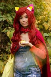 Size: 640x960 | Tagged: safe, artist:aponevee, apple bloom, human, g4, apple, clothes, cmc cape, cosplay, costume, dungarees, food, irl, irl human, photo, solo