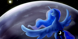 Size: 4000x2000 | Tagged: safe, artist:isorrayi, princess luna, g4, female, flying, moon, planet, solo, space, stars, sun