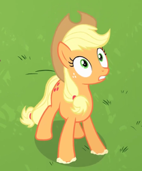 Size: 493x593 | Tagged: safe, screencap, applejack, earth pony, pony, bats!, g4, cropped, female, hat, looking up, mare, open mouth, solo, worried