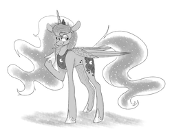 Size: 4000x3000 | Tagged: safe, artist:saraart228, princess luna, g4, female, grayscale, monochrome, raised hoof, smiling, solo