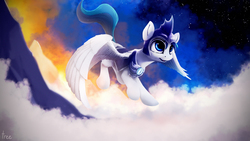 Size: 3937x2215 | Tagged: safe, artist:thefloatingtree, oc, oc only, oc:tubular bell, pegasus, pony, flying, high res, mountain, solo, stars, twilight (astronomy)