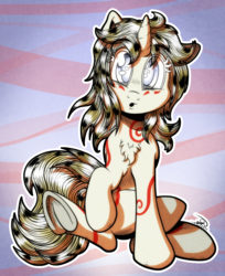 Size: 3104x3800 | Tagged: safe, artist:gray--day, oc, oc only, oc:hikari, pony, unicorn, high res, interesting, looking at you, open mouth, raised hoof, signature, sitting, solo, staring into your soul, underhoof