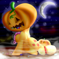 Size: 1861x1861 | Tagged: safe, artist:lixthefork, applejack, g4, applejack-o-lantern, candy, crescent moon, female, food, jack-o-lantern, moon, pumpkin, pumpkin head, pumpkinjack, solo, transparent moon, underhoof
