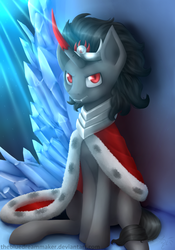 Size: 700x1000 | Tagged: safe, artist:thebluedreammaker, king sombra, g4, cape, clothes, crown, crystal, fangs, jewelry, looking at you, male, red eyes, regalia, solo