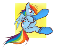 Size: 1239x1000 | Tagged: safe, artist:kejifox, rainbow dash, pegasus, pony, g4, both cutie marks, butt, clothes, dock, featureless crotch, female, misleading thumbnail, mouth hold, plot, simple background, socks, solo, white background