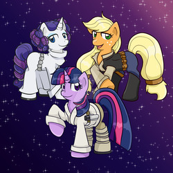 Size: 1024x1024 | Tagged: safe, artist:yoshimarsart, applejack, rarity, twilight sparkle, g4, clothes, cosplay, costume, han solo, luke skywalker, princess leia, raised hoof, star wars, watermark