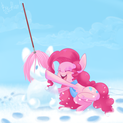 Size: 2000x2000 | Tagged: safe, artist:gnidagovnida, pinkie pie, earth pony, pony, g4, boop, clothes, eyes closed, high res, mop, scarf, smiling, snow, snowman, snowpony, solo, winter