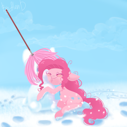Size: 2000x2000 | Tagged: safe, artist:gnidagovnida, pinkie pie, earth pony, pony, g4, blushing, clothes, eyes closed, female, floppy ears, high res, hug, mop, scarf, snow, snowman, snowpony, solo, winter