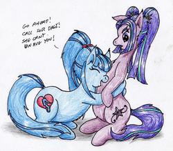 Size: 2024x1773 | Tagged: safe, artist:40kponyguy, derpibooru exclusive, aria blaze, sonata dusk, pony, equestria girls, g4, bipedal, cutie mark, equestria girls ponified, eyes closed, hape, hug, non-consensual cuddling, ponified, simple background, traditional art, white background