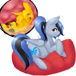 Size: 4000x4000 | Tagged: safe, artist:dewdropinn, oc, oc only, oc:acela, oc:southern belle, earth pony, pegasus, pony, abdominal bulge, female, fetish, internal, mare, pillow, stomach acid, vore, wings, x-ray