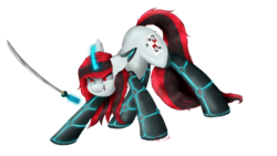 Size: 6400x3600 | Tagged: safe, artist:ruby dusk, oc, oc only, oc:blackjack, cyborg, pony, unicorn, fallout equestria, fallout equestria: project horizons, absurd resolution, female, fighting stance, katana, level 2 (project horizons), magic, solo, sword, weapon