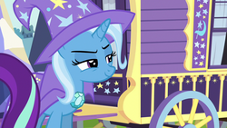 Size: 1280x720 | Tagged: safe, screencap, starlight glimmer, trixie, pony, g4, to where and back again, cape, clothes, hat, trixie's cape, trixie's hat