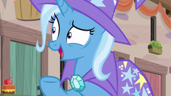 Size: 1280x720 | Tagged: safe, screencap, trixie, pony, g4, to where and back again, cape, clothes, female, hat, mare, solo, trixie's cape, trixie's hat