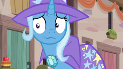 Size: 1280x720 | Tagged: safe, edit, edited screencap, editor:eagle1division, screencap, trixie, pony, unicorn, g4, to where and back again, :3, cape, clothes, concerned, female, hat, inverted mouth, not sure if want, solo, trixie's cape, trixie's hat, wide eyes