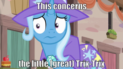 Size: 1280x720 | Tagged: safe, edit, edited screencap, editor:eagle1division, screencap, trixie, pony, unicorn, g4, to where and back again, 3:, cape, clothes, concerned, female, frown, hat, image macro, mare, meme, solo, text, trixie's cape, trixie's hat, wide eyes, worried