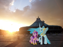 Size: 1636x1228 | Tagged: safe, artist:orin331, artist:reaver75, princess cadance, queen chrysalis, alicorn, changedling, changeling, changeling queen, pony, g4, to where and back again, basilica of our lady of guadalupe, church, concave belly, good end, irl, mexico, mexico city, orin's chrysalis, photo, ponies in real life, purified chrysalis, redemption, slender, sunset, thin, vector
