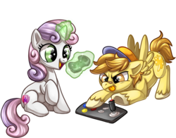 Size: 900x707 | Tagged: safe, artist:sciggles, sweetie belle, oc, pegasus, pony, unicorn, g4, arcade stick, bandaid, bandaid on nose, controller, cutie mark, female, filly, magic, open mouth, simple background, the cmc's cutie marks, tongue out, transparent background