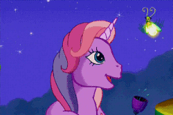 Size: 360x240 | Tagged: safe, screencap, lily lightly, firefly (insect), pony, a very pony place, come back lily lightly, g3, :3, animated, cute, duet, flower, gif, glowing horn, horn, lily cutely, looking around, looking at each other, night, shine on, singing, song, stars