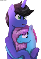 Size: 1297x1856 | Tagged: safe, artist:asika-aida, oc, oc only, earth pony, pony, unicorn, commission, cute, green eyes, hug, open mouth, simple background, transparent background