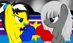 Size: 2000x1200 | Tagged: safe, artist:toyminator900, oc, oc only, oc:silver veil, oc:uppercute, earth pony, pony, bipedal, boxing, boxing gloves, boxing ring, duo, looking at each other