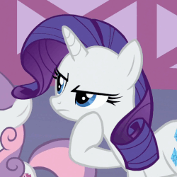 Size: 507x507 | Tagged: safe, screencap, rarity, sweetie belle, pony, 28 pranks later, g4, animated, cropped, female, gif, open mouth, raised eyebrow, raised hoof, solo focus, thinking