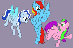 Size: 1029x679 | Tagged: safe, artist:honeytediz, coconut grove, silver glow, thistle whistle, pegasus, pony, g3, g4, blue wings, coconut grove can fly, cute, eye contact, female, flapping, flying, g3 silverbetes, g3 to g4, generation leap, groveabetes, hooves, hooves up, looking at each other, looking at someone, mare, silver glow can fly, smiling, talking, thistle whistle can fly, thistlebetes, trio, underhoof, wings
