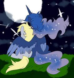 Size: 1097x1158 | Tagged: safe, artist:soft-arthropod, derpy hooves, princess luna, pegasus, pony, g4, colored wings, colored wingtips, cute, derpyluna daily, female, from behind, full moon, grass, hug, lesbian, mare, moon, night, ship:lunaderp, shipping, stars, winghug