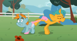 Size: 1098x580 | Tagged: safe, screencap, snails, snips, pony, unicorn, g4, ponyville confidential, butt touch, colt, food, gum, hoof on butt, male, stuck together