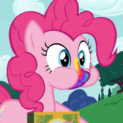 Size: 507x508 | Tagged: safe, screencap, pinkie pie, earth pony, pony, 28 pranks later, g4, season 6, animated, aweeg*, chewing, cropped, cute, diapinkes, eating, female, gif, mare, rainbow muzzle, scrunchy face, solo
