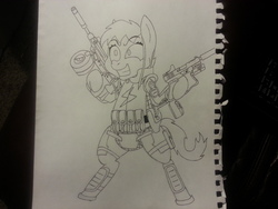 Size: 3264x2448 | Tagged: safe, artist:unreliable narrator, oc, oc only, oc:noir avery gumshoe, pony, fallout equestria, armor, bipedal, dual wield, glock 17, gun, high res, riot gear, simple background, skorpion, smiling, solo, submachinegun, traditional art, weapon, white background