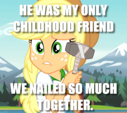 Size: 488x438 | Tagged: safe, edit, edited screencap, screencap, applejack, equestria girls, g4, my little pony equestria girls: legend of everfree, caption, cargo ship, female, hammer, hammerjack, image macro, innuendo, meme, shipping, solo