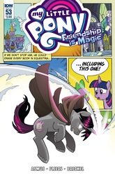 Size: 1054x1600 | Tagged: safe, artist:tony fleecs, idw, official comic, shadow lock, spike, twilight sparkle, alicorn, dragon, earth pony, pegasus, pony, unicorn, g4, spoiler:comic, spoiler:comic53, adventure in the comments, breaking the fourth wall, cloak, clothes, comic cover, cover, cover art, erasing, female, frown, glowing eyes, glowing horn, gritted teeth, horn, magic, male, mare, meta, no pupils, open mouth, stallion, twilight sparkle (alicorn), wide eyes, worried
