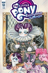 Size: 1054x1600 | Tagged: safe, artist:sararichard, idw, official comic, pinkie pie, rarity, twilight sparkle, alicorn, ermine, pony, g4, spoiler:comic, spoiler:comic53, alternate hairstyle, blushing, clothes, cover, crown, dress, england, eyes closed, fine art parody, floppy ears, happy, jewelry, levitation, lidded eyes, looking at you, looking up, magic, makeup, open mouth, queen elizabeth i, raised hoof, regalia, ruff (clothing), smiling, smug, telekinesis, the ermine portrait, twilight sparkle (alicorn), yawn