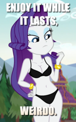 Size: 450x720 | Tagged: safe, edit, edited screencap, screencap, rarity, human, equestria girls, g4, my little pony equestria girls: legend of everfree, belly button, bra, breasts, clothes, cropped, female, image macro, implied pervert, meme, panties, solo, unamused, underwear, underwear edit