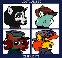 Size: 640x600 | Tagged: safe, artist:ficficponyfic, oc, oc only, oc:emerald jewel, oc:joyride, oc:pipadeaxkor, oc:ruby rouge, demon, demon pony, earth pony, pony, unicorn, colt quest, art parody, clothes, colt, cyoa, demon days, eyeshadow, female, filly, foal, gorillaz, hat, horn, jacket, logo, logo parody, makeup, male, mare, ponified, ponified album cover, recap, story included, title, title card